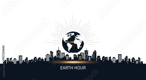 A modern cityscape silhouette with a globe and sunburst design, representing Earth Hour and meteorology, against a white background
