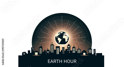 Vector illustration of a cityscape with a globe and sunburst design for World Meteorological Day and Earth Hour, symbolizing meteorology and climate education