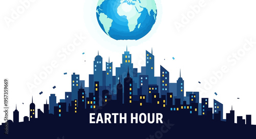 Earth Hour concept illustration with city skyline silhouette, globe, and dark blue tones conveying a climate and weather science education theme in a modern design
