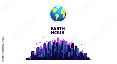 Illustration of a cityscape silhouette with purple and blue buildings, Earth Hour logo and globe above, symbolizing weather science education and World Meteorological Day in a modern city