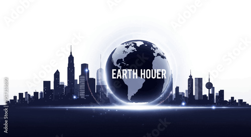 A dark blue silhouette of a city skyline with a glowing globe in the center featuring the words 'EARTH HOUR' on a white background, symbolizing World Meteorological Day and meteorology