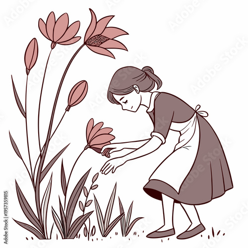 Woman tending to tall pink flowers gardening plants