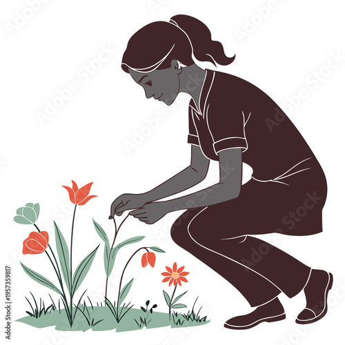 Woman planting orange flowers gardening plants green leaves