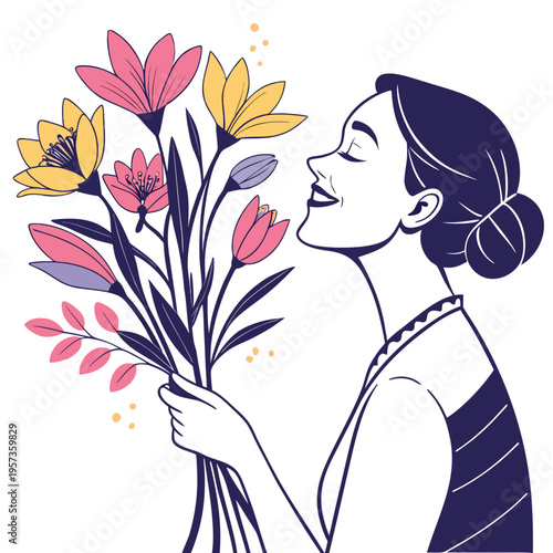 Woman smelling a bouquet of flowers pink and yellow flowers