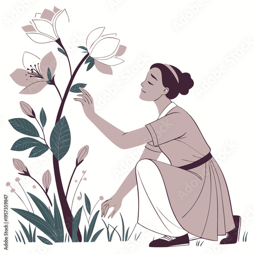 Woman touching a flower in the garden green pink