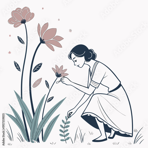 Woman smelling a flower garden green pink