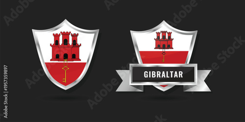 Gibraltar_Shield_12032High-quality glossy silver shield and ribbon badge featuring the flag of Gibraltar, designed for British territory, strait, and Mediterranean icons.2_NR153