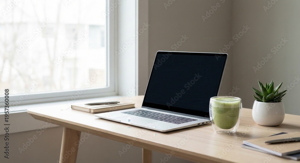 Fototapeta premium Minimalist workspace with laptop and matcha latte on desk