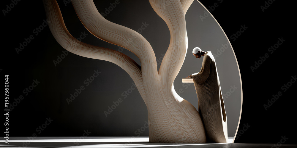 Naklejka premium Quiet scene with artistic monk figure caring for carved wooden tree among soft lights