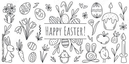 Doodle sketch style Happy Easter set illustration. Ink hand-drawn holiday symbols and attributes - eggs, bunny, cross, flowers and herbs, Easter cake, chick. Vector graphics