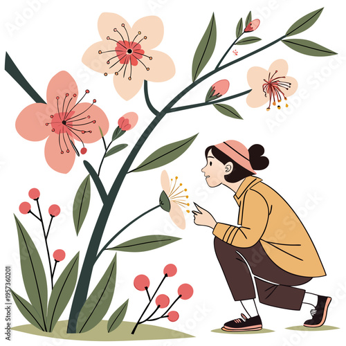 Woman crouching to examine a flower pink peach