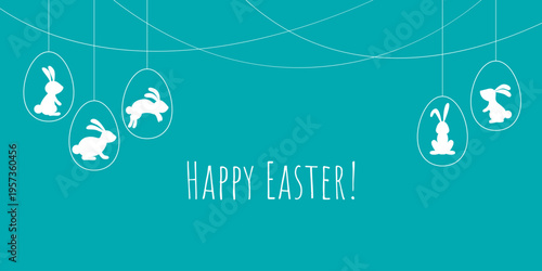 Horizontal banner Happy Easter. Festive template with hanging eggs and congratulatory text. White silhouette of Easter bunnies. Vector graphics