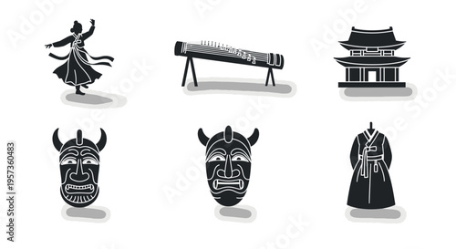 Fotografía Traditional Korean Cultural Heritage Icon Set with Hanbok Mask and Pagoda Vector