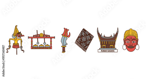 Indonesian Traditional Culture Icon Set Vector Illustration with Wayang Batik and Rumah Gadang
