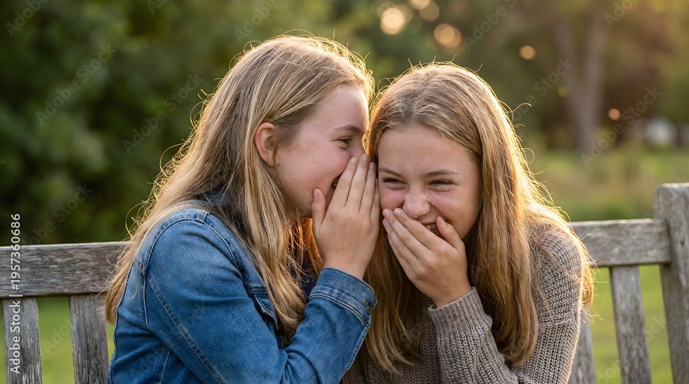 Fototapeta premium Best Friends Whispering Secret on Bench