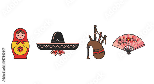 Cultural Symbol Icon Set Featuring Matryoshka Sombrero Bagpipes and Fan Vector Illustration