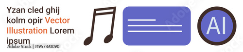 Music technology, artificial intelligence, digital communication, creative design, online media, modern connectivity. Musical note, AI symbol text elements. Music technology and artificial