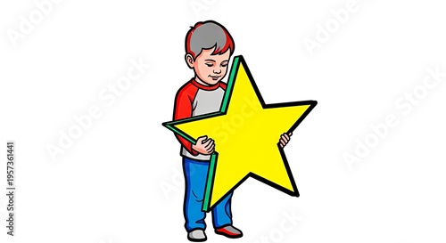 Boy holding large yellow star in a playful and cheerful manner  