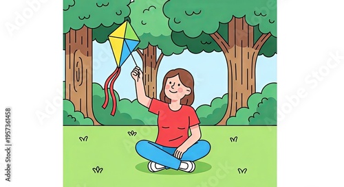 Girl sitting on grass flying a kite in a sunny park  