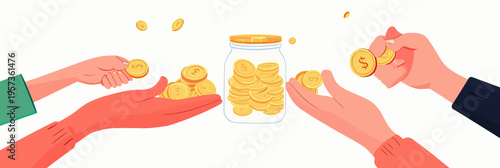 Hands holding and donating coins into glass jar full of money charity donation fundraising concept flat vector illustration