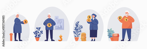 Senior people holding gold coins and saving money demonstrating retirement planning and financial investment concepts in flat vector illustration style
