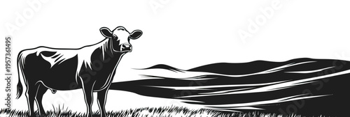 Black and white vector illustration of cow standing on grass with rolling hills landscape background in minimalist engraving style