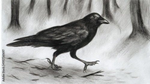Pencil Sketch of a Crow Walking Through a Forest with Trees bird