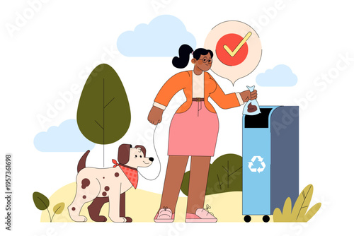 Woman Disposing Dog Waste in Trash Bin Vector Illustration