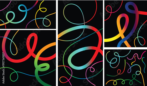 Abstract Color Line Shape Graphics. Vector Gradient Line Pattern Design. 3D Modern Backgrounds with Rainbow Colored Ribbon Waves.