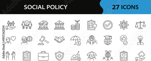 Social policy Web Icon Set in Line Style. Collection of Social services including healthcare, family, education, protection, law, and more. Vector illustration