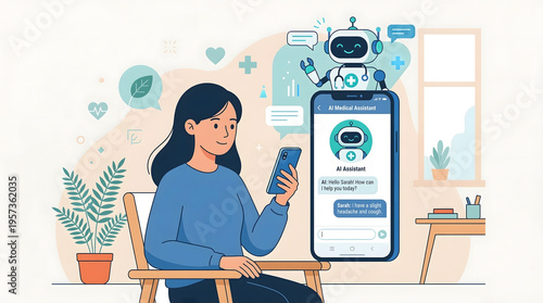 Flat minimal vector of AI healthcare assistant chatbot interacting with patient on smartphone, ambient intelligence, clinical workflow, predictive analytic, telemedicine