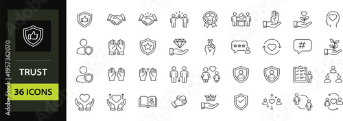 Trust Web Icon Set in Linear Style. Including trustworthy, credibility, confidence, integrity, confidence, promise, and more. Editable stroke. Vector illustration