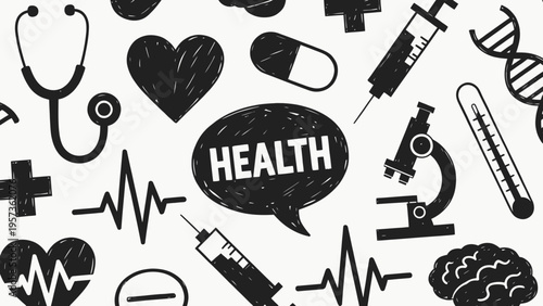 A medical illustration featuring various healthcare symbols and icons.