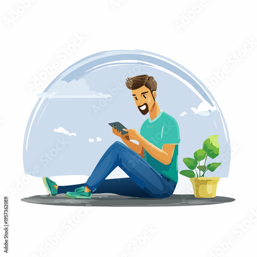 Digital Haven: A cheerful individual, engrossed in a device, finds solace in a tranquil setting, accompanied by a vibrant potted plant.