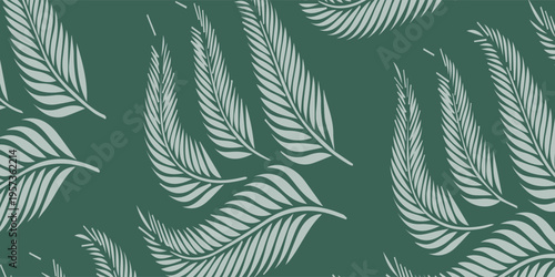 Seamless pattern with light green fern leaves on a dark green background.