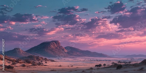 Rocky Mountain Landscape with Dramatic Pink and Purple Clouds at Dusk mountains desert