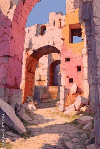 Ruined Ancient City with Pink and Orange Walls, Arches, and Stone Path ruined city ancient architecture
