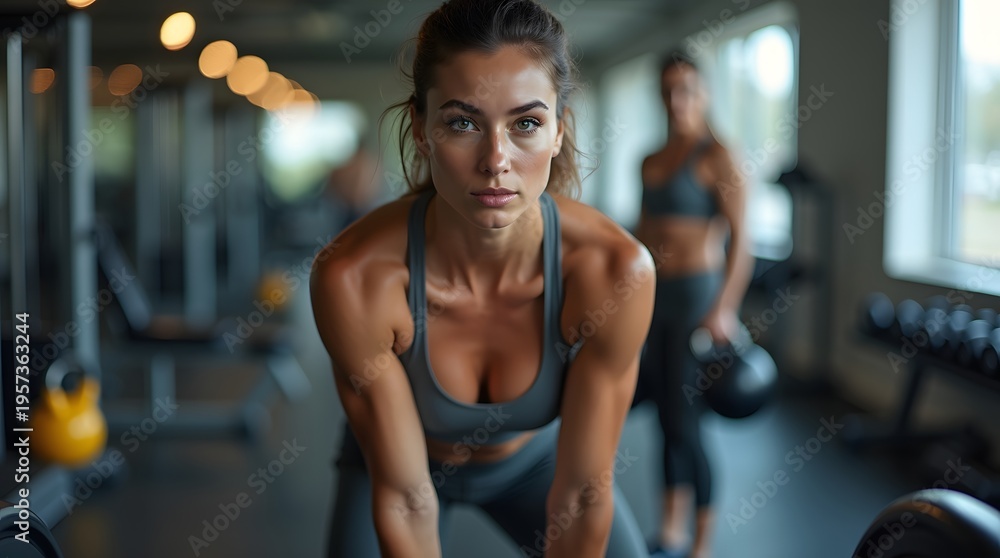 Fototapeta premium Intense Focused Woman Engaged in Weightlifting Workout in Modern Gym Setting with Equipment