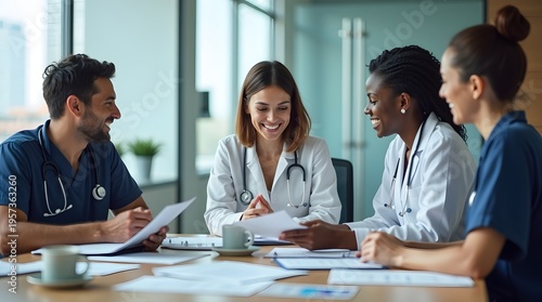 Healthcare Professionals Collaborating During Team Meeting in Modern Office Environment