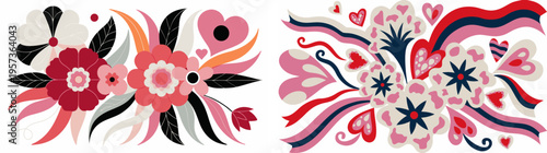 Abstract floral pattern with hearts in vibrant colors and shapes  