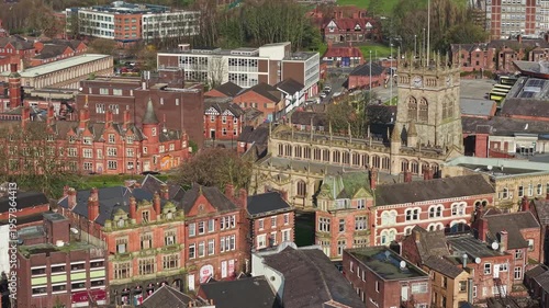 Aerial view of Wigan town centre with the Parish Church, Greater Manchester, England