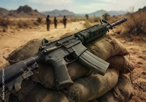 military assault rifle resting on sandbags with soldiers in background