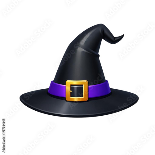 Glossy Black Witch Hat with Purple Band and Gold Buckle