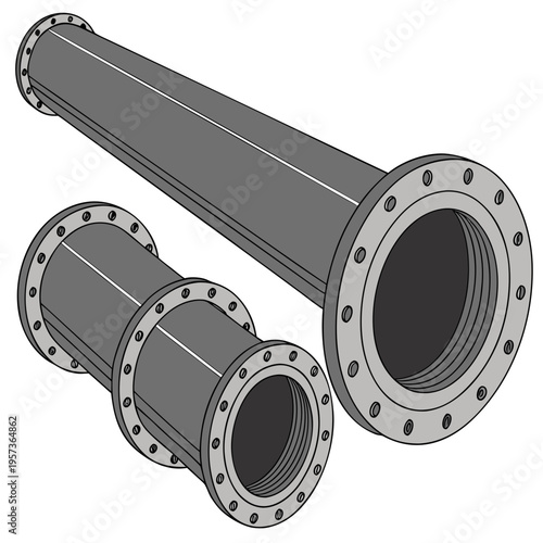 Gray metal pipes with flanges and bolts