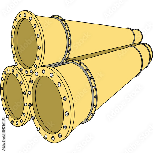 Yellow pipes with flanges and bolts industrial