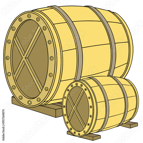 Wooden barrels with metal hoops and lids