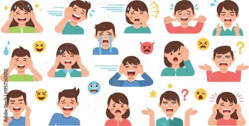Children Emotions and Expressions Collection with Cartoon Kids Showing Angry, Sad, Crying, Confused, and Frustrated Feelings for Educational and Psychology Design Projects.