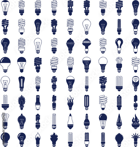 Collection of various light bulb icons energy saving lamps incandescent CFL LED modern vintage traditional lighting ideas