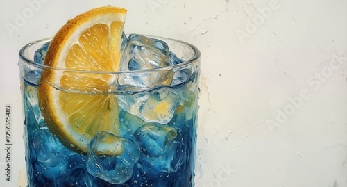 refreshing blue drink with lemon and ice in a glass closeup.