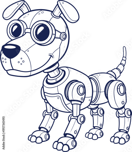 Robotic dog outline illustration with mechanical joints and goggles for coloring book creative tech concept art